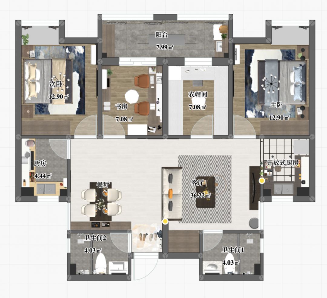 劉萍萍_花崗鴻福城132㎡現(xiàn)代簡約風(fēng)格_兩套小戶型打通變大宅，中西雙廚房+衣帽間打造品質(zhì)生活！01彩平圖