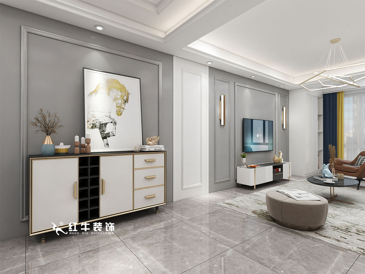 顧娟_金地都會意境118㎡現(xiàn)代風(fēng)格--弧形沙發(fā)設(shè)計，獨特有創(chuàng)意！04客廳設(shè)計_電視背景墻