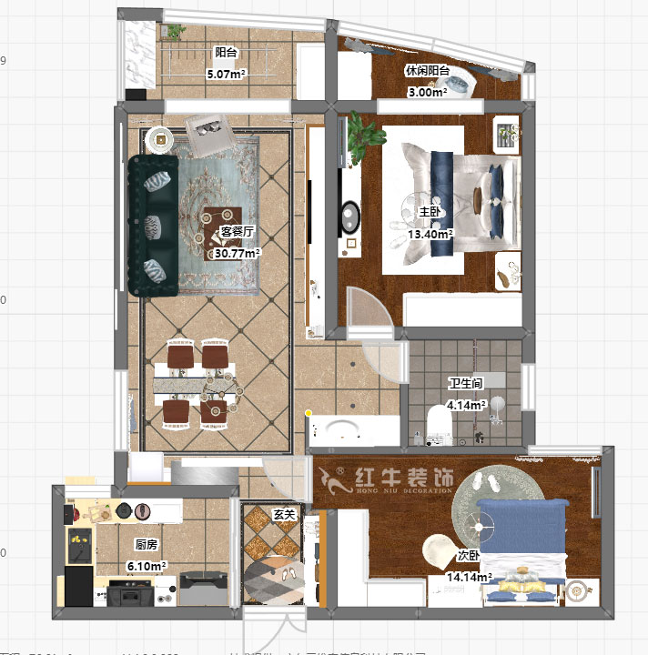 熊皓宇_海德衛(wèi)城2-3-2202-100㎡-簡(jiǎn)約歐式風(fēng)格_2室2廳1衛(wèi)（老房翻新）_成品家￥144000_全包14萬00_03彩平圖