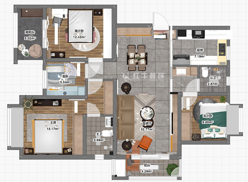 蔣?。薪诲\蘭薈-130㎡-現(xiàn)代簡約風(fēng)格｜4室2廳2衛(wèi)｜新房裝修｜定制家￥165462｜全包17萬｜00_03彩平圖