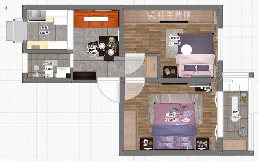 朱明琪｜龍?bào)粗新?84-202-56㎡-現(xiàn)代風(fēng)格｜2室1廳1衛(wèi)｜老房裝修｜定制家￥85969｜全包9萬｜00_03彩平圖