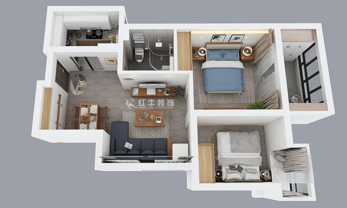 朱彥｜萬壽花苑5-2-1009-68㎡-現(xiàn)代簡約風格｜2室1廳1衛(wèi)｜老房裝修｜成品家￥109300｜全包11萬｜00_04鳥瞰圖