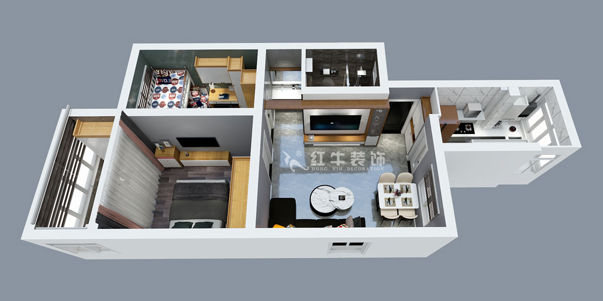 張智猿｜銀龍花園1期35-301-60㎡-現(xiàn)代簡約風格｜2室1廳1衛(wèi)｜老房裝修｜定制家￥120000｜全包10萬｜00_04鳥瞰圖