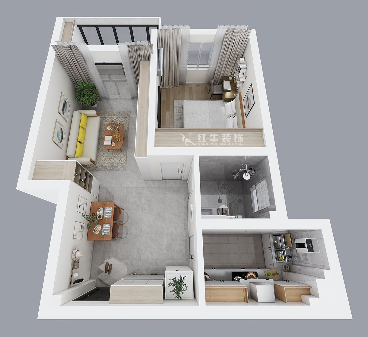 魏明花｜銀龍?chǎng)卧?-4-1015-60㎡-現(xiàn)代簡(jiǎn)約風(fēng)格｜1室1廳1衛(wèi)｜二手房裝修｜定制家￥103134｜全包10萬(wàn)｜00_04鳥(niǎo)瞰圖