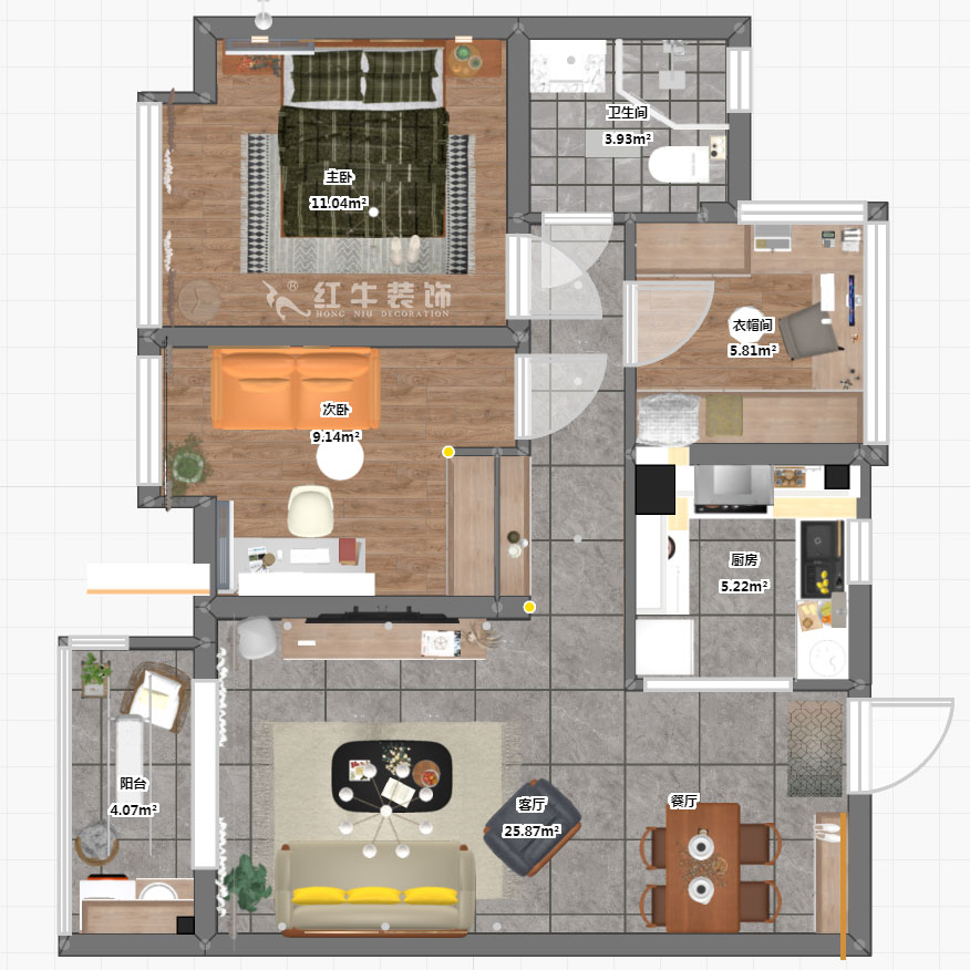 孟憲濤｜華潤幸福里10-2203-88㎡-簡約風(fēng)格｜3室1廳1衛(wèi)｜新房裝修｜定制家￥118229｜全包12萬｜00_03彩平圖