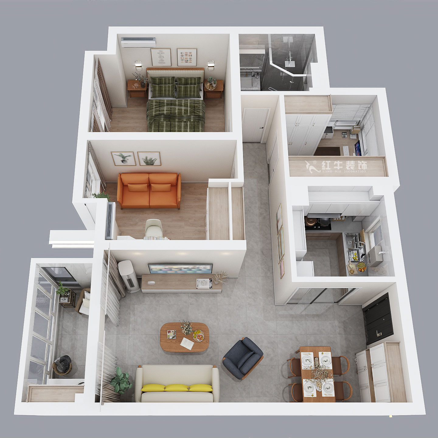 孟憲濤｜華潤幸福里10-2203-88㎡-簡約風(fēng)格｜3室1廳1衛(wèi)｜新房裝修｜定制家￥118229｜全包12萬｜00_04鳥瞰圖