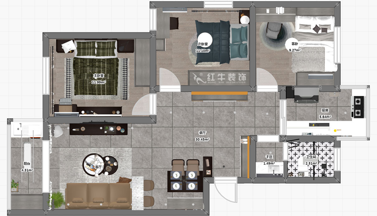 仇美蓉｜南方花園B組團(tuán)18-401-93㎡-簡(jiǎn)約風(fēng)格｜3室2廳1衛(wèi)｜二手房裝修｜定制家￥118689｜全包12萬｜00_03彩平圖