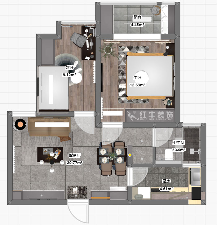 張桐瑋｜龍蟠和園1-1804-64㎡-現(xiàn)代簡約風格｜2室1廳1衛(wèi)｜新房裝修｜定制家￥87700｜全包10萬｜00_03彩平圖