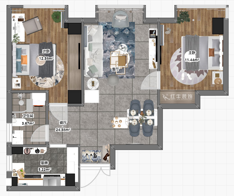 孟憲濤｜明發(fā)城市廣場(chǎng)22-803-78㎡-簡(jiǎn)約風(fēng)格｜2室1廳1衛(wèi)｜商用房裝修｜定制家￥105000｜全包12萬(wàn)｜00_03彩平圖