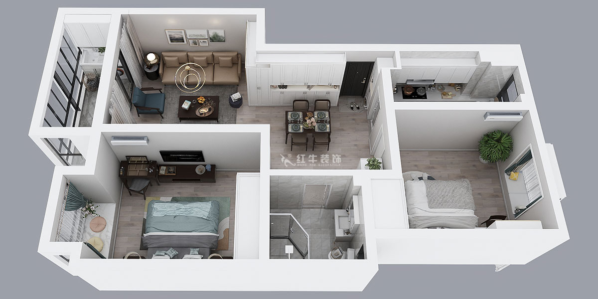 蔣?。鸹涑?-203-90㎡-現(xiàn)代簡約風(fēng)格｜2室2廳1衛(wèi)｜舊房裝修｜定制家￥121293｜全包12萬｜00_04鳥瞰圖