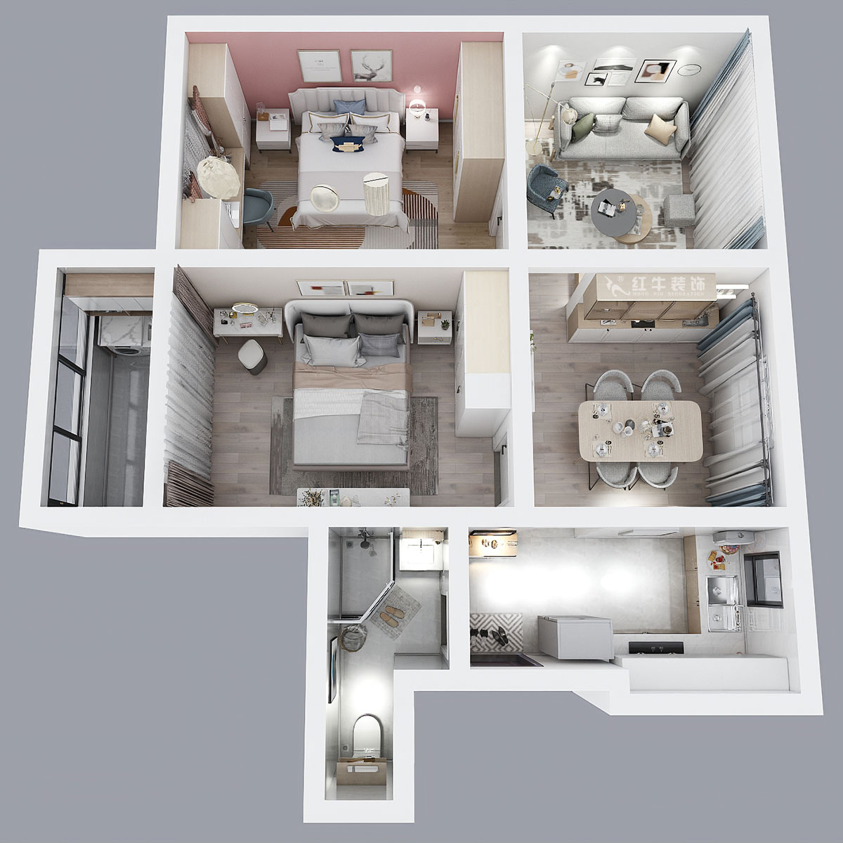 顧娟｜鼓樓街3號3-506-70㎡-北歐風格｜3室2廳1衛(wèi)｜舊房裝修｜定制家￥110000｜全包12萬｜00_05鳥瞰圖