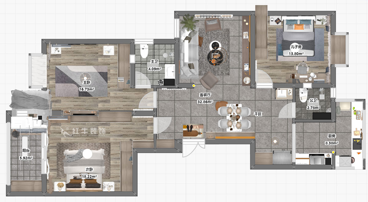 魏明花｜御道嘉庭7-1-402-132㎡-現(xiàn)代簡(jiǎn)約風(fēng)格｜3室2廳2衛(wèi)｜新房裝修｜定制家￥218358｜全包21