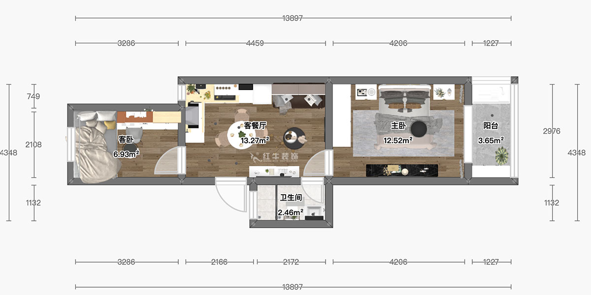 顧娟｜衛(wèi)崗26號4-3-606-60㎡-簡歐風(fēng)格｜3室2廳1衛(wèi)｜舊房裝修｜定制家￥81300｜全包11萬｜00_04彩平圖