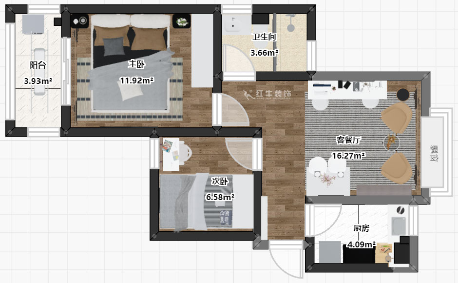 朱彥｜銀龍景苑2-3-712-66㎡-簡約風(fēng)格｜2室1廳1衛(wèi)｜定制家￥87680｜全包9萬｜00_03彩平圖