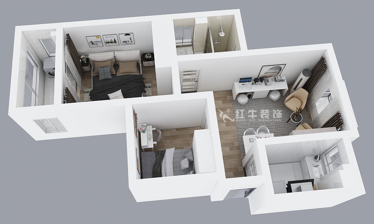 朱彥｜銀龍景苑2-3-712-66㎡-簡約風(fēng)格｜2室1廳1衛(wèi)｜定制家￥87680｜全包9萬｜00_04俯視圖