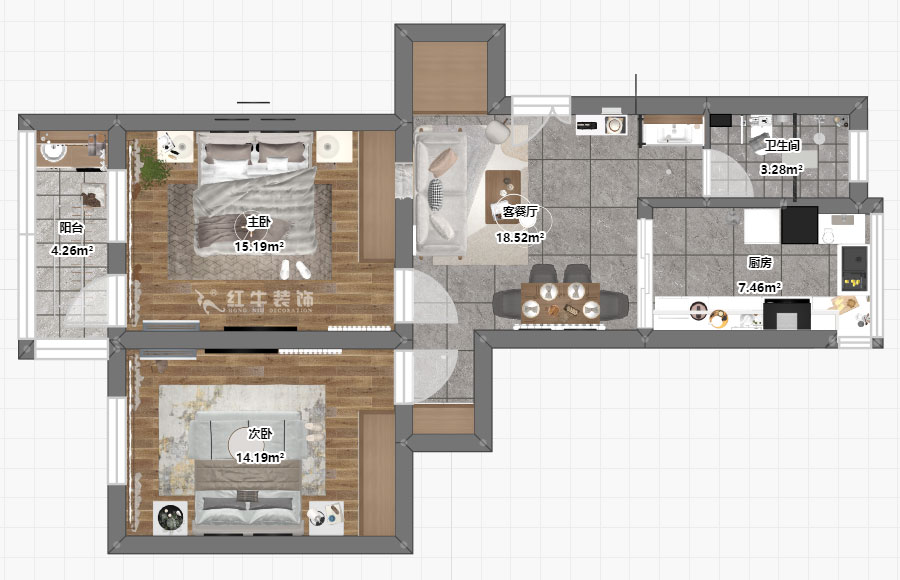 蔣?。蔡┐?1-401-80㎡-現(xiàn)代簡(jiǎn)約風(fēng)格｜2室1廳1衛(wèi)｜舊房裝修｜定制家￥126767｜全包12萬｜00_03平面彩圖