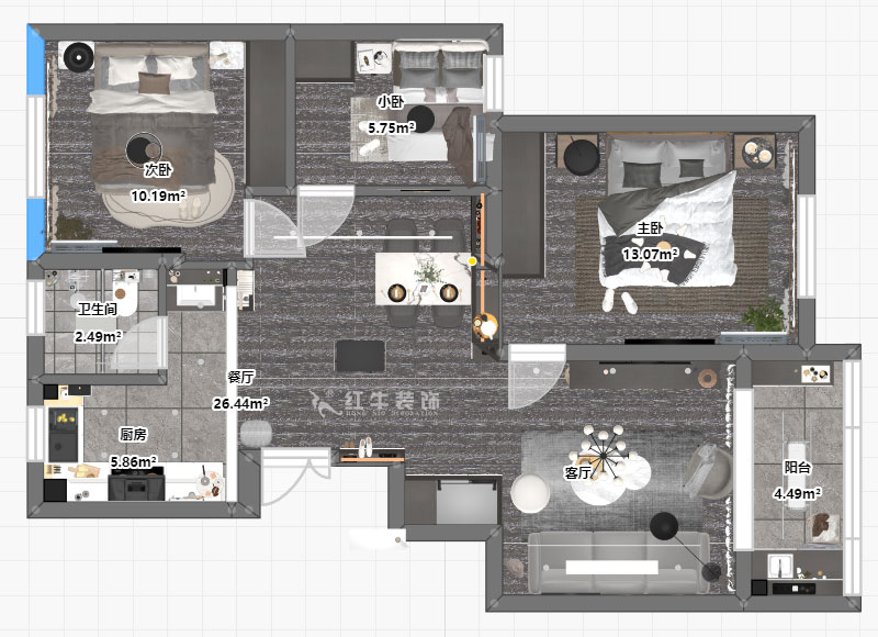 孟憲濤｜盤城新居43-2-1103-90㎡-簡約風(fēng)格｜3室2廳1衛(wèi)｜新房裝修｜定制家￥113156｜全包12萬｜00_03平面彩圖