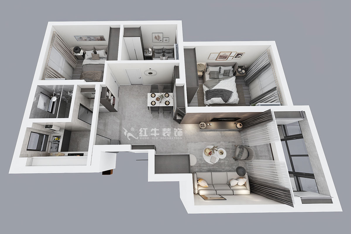孟憲濤｜盤城新居43-2-1103-90㎡-簡約風(fēng)格｜3室2廳1衛(wèi)｜新房裝修｜定制家￥113156｜全包12萬｜00_04鳥瞰圖