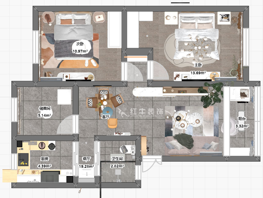 熊皓宇｜四方新村二村1-2-403-75㎡-現(xiàn)代風格｜3室1廳1衛(wèi)｜老房改造裝修｜定制家￥114000｜全包11萬｜00_03平面彩圖