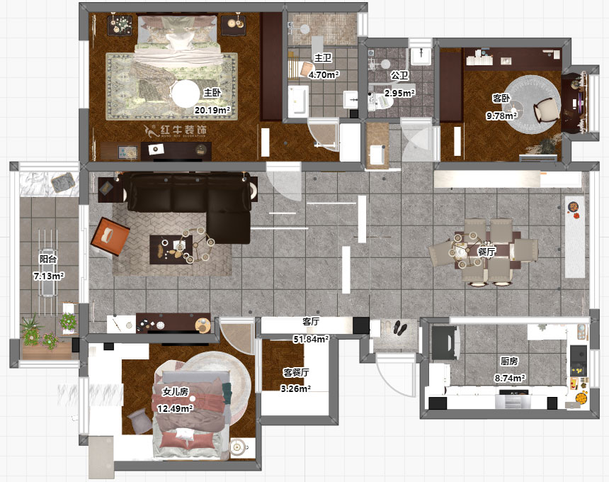 魏明花｜華府國際8-4-607-142㎡-現(xiàn)代簡(jiǎn)約風(fēng)格｜3室2廳2衛(wèi)｜毛坯房裝修｜定制家￥210681｜全包21萬｜00_03平面彩圖