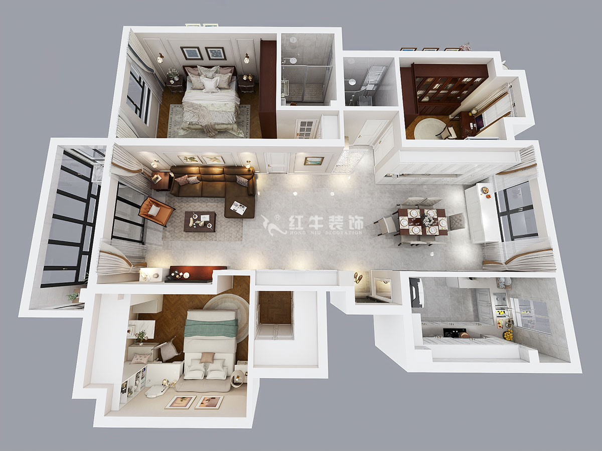 魏明花｜華府國際8-4-607-142㎡-現(xiàn)代簡(jiǎn)約風(fēng)格｜3室2廳2衛(wèi)｜毛坯房裝修｜定制家￥210681｜全包21萬｜00_04鳥瞰圖