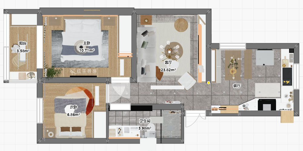 朱明琪｜富康新村8-204-63㎡-北歐原木風格｜2室2廳1衛(wèi)｜老房翻新｜定制家￥112770｜全包11萬｜00_03平面彩圖