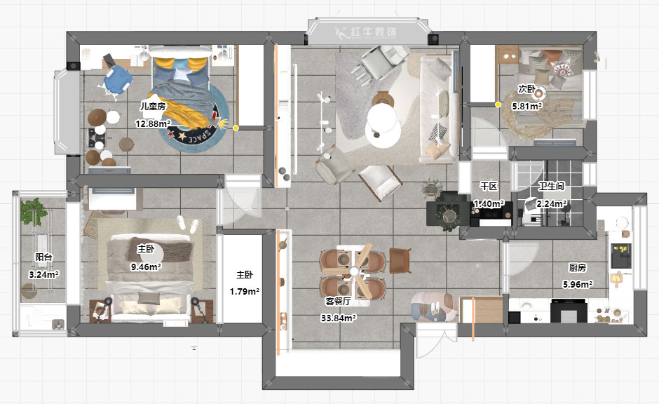 魏明花｜東寶花園12-402-96㎡-現(xiàn)代簡(jiǎn)約風(fēng)格｜3室2廳1衛(wèi)｜二手房裝修｜定制家￥161200｜全包12