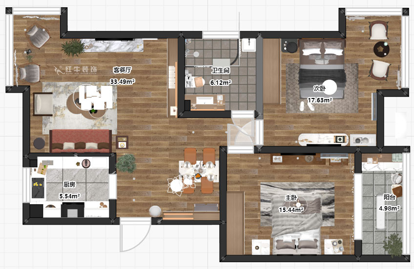 朱彥｜天潤城3街區(qū)28-1-301-95㎡-現(xiàn)代風格｜2室2廳1衛(wèi)｜老房裝修｜定制家￥161200｜全包12萬｜00_03平面彩圖