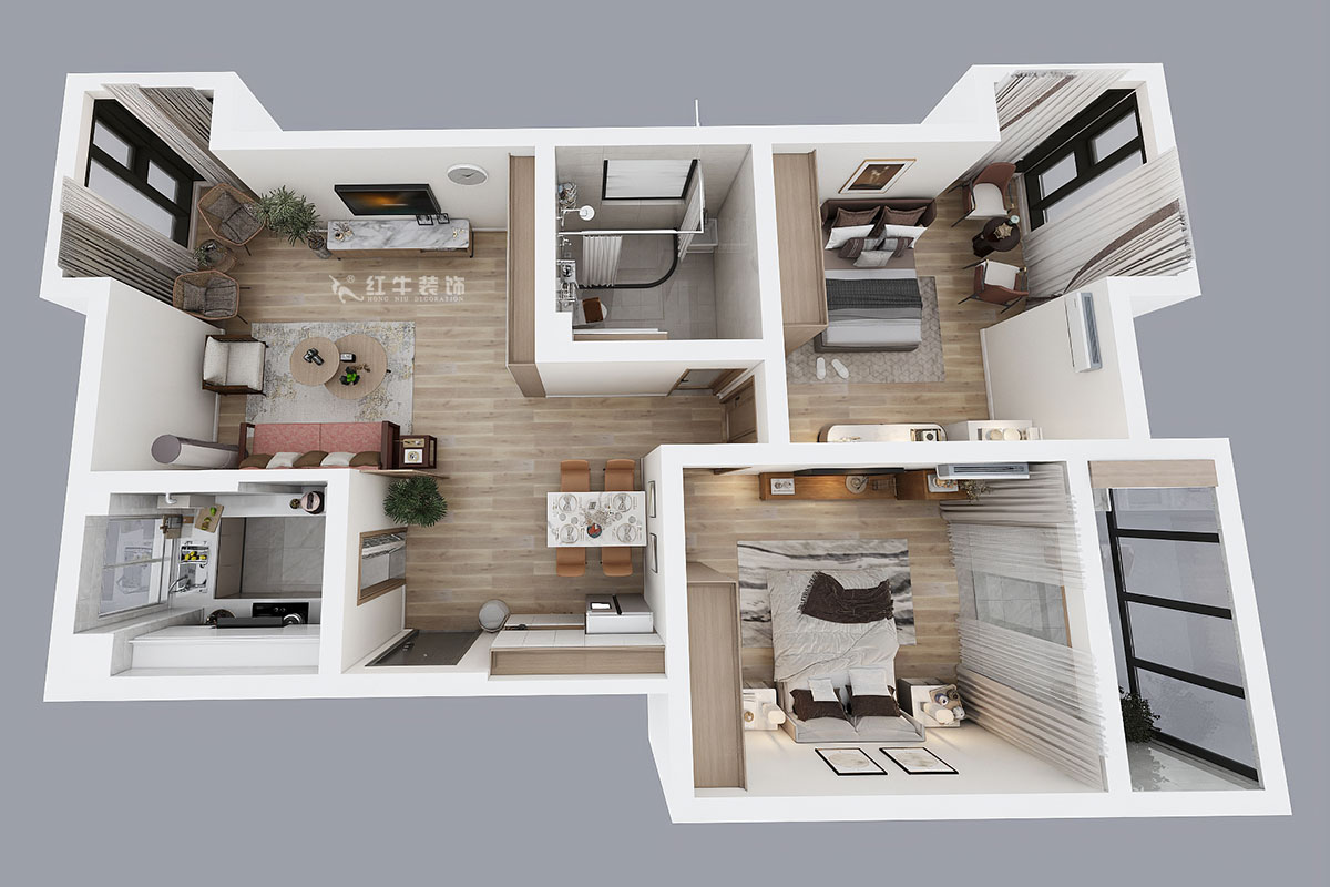 朱彥｜天潤城3街區(qū)28-1-301-95㎡-現(xiàn)代風格｜2室2廳1衛(wèi)｜老房裝修｜定制家￥161200｜全包12萬｜00_04鳥瞰圖