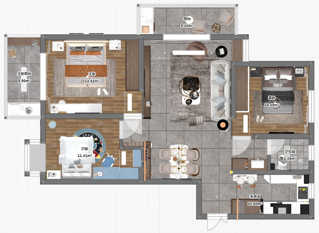孟憲濤｜七彩星城2-2406-120㎡-簡(jiǎn)約風(fēng)格｜3室1廳1衛(wèi)｜老房裝修｜定制家￥160000｜全包16萬(wàn)｜00_03平面彩圖