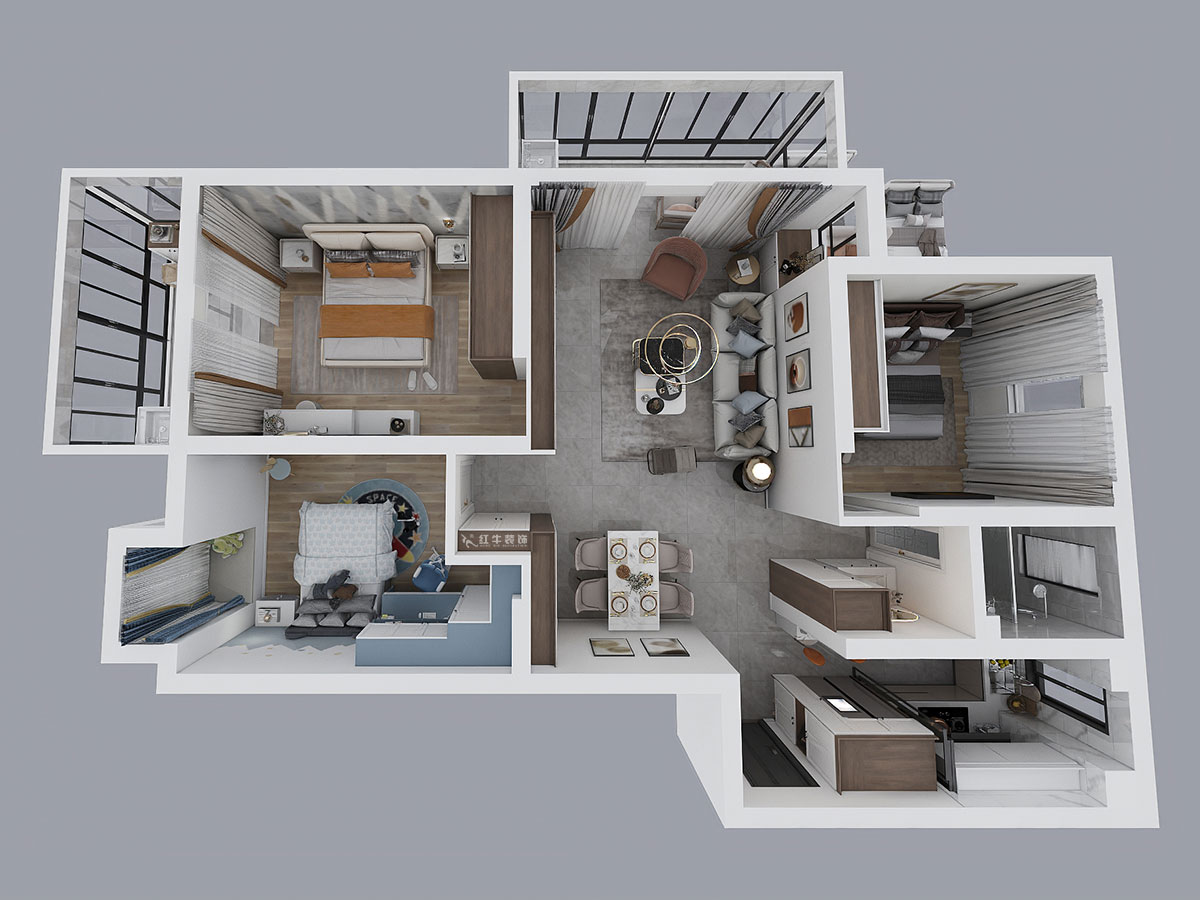 孟憲濤｜七彩星城2-2406-120㎡-簡(jiǎn)約風(fēng)格｜3室1廳1衛(wèi)｜老房裝修｜定制家￥160000｜全包16萬(wàn)｜00_04鳥瞰圖