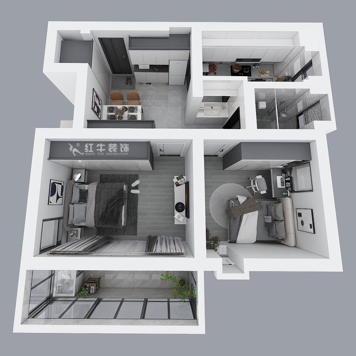 蔣?。珗@路44號(hào)小區(qū)3-204-60㎡-現(xiàn)代簡(jiǎn)約風(fēng)格｜2室1廳1衛(wèi)｜舊房裝修｜定制家｜全包10萬(wàn)｜00_04鳥瞰圖