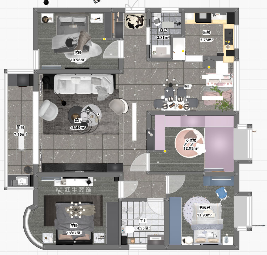 蔣?。靼l(fā)濱江新城3期332-2501-130㎡-現(xiàn)代簡約風格｜4室2廳2衛(wèi)｜舊房裝修｜定制家￥135120｜全包17萬｜00_03平面彩圖