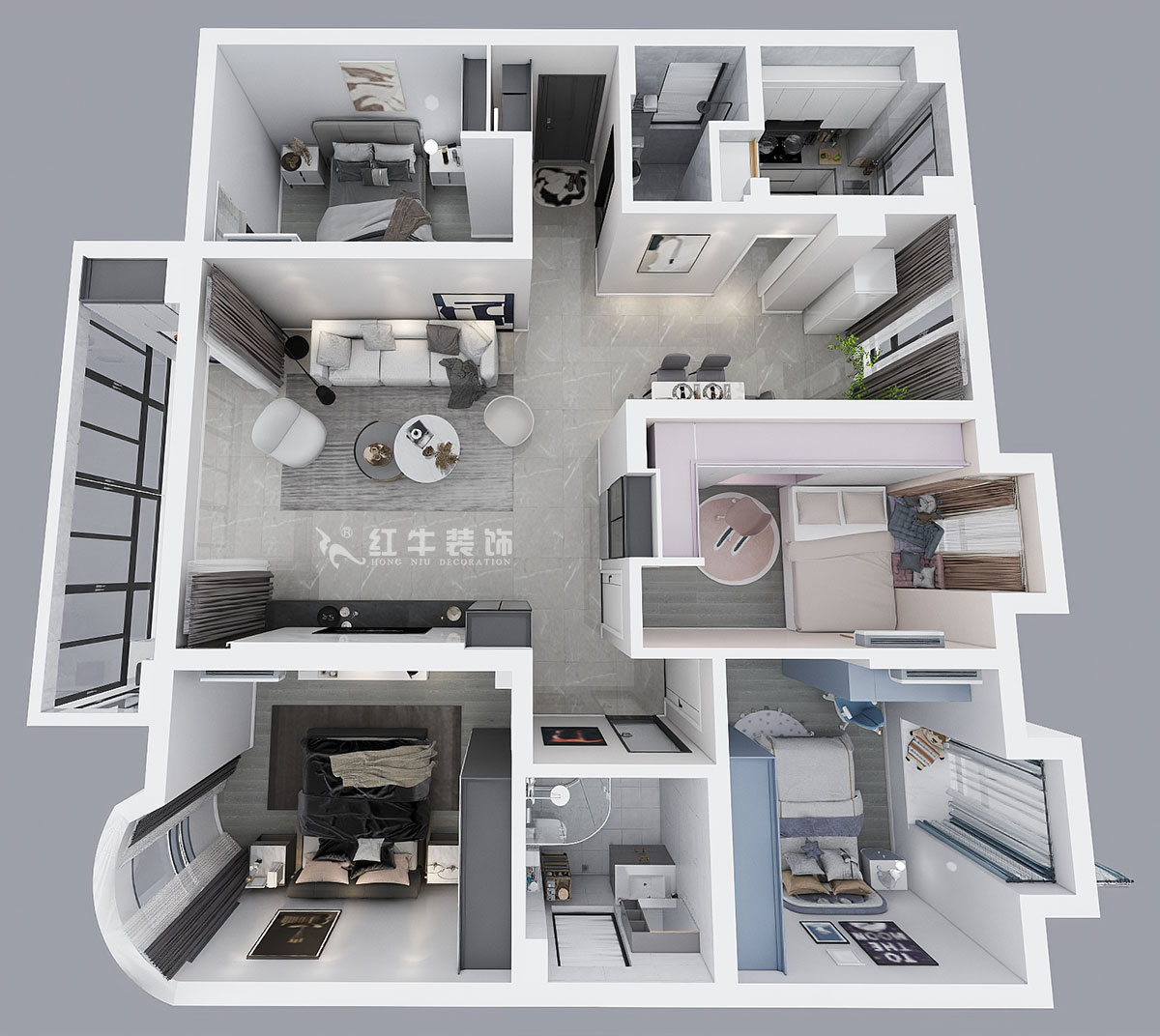 蔣?。靼l(fā)濱江新城3期332-2501-130㎡-現(xiàn)代簡約風格｜4室2廳2衛(wèi)｜舊房裝修｜定制家￥135120｜全包17萬｜00_04鳥瞰圖
