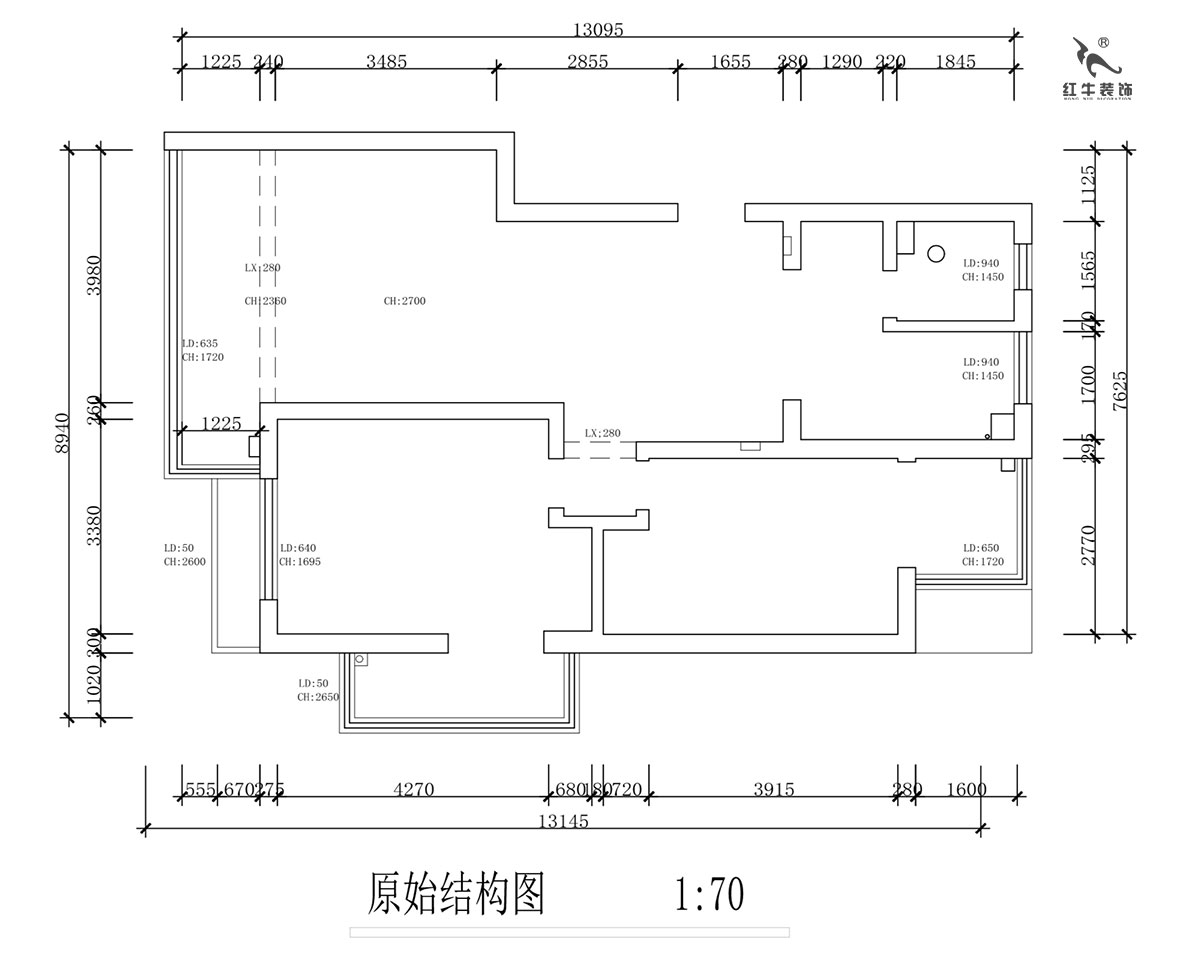蔣?。霄沃腥A廣場11-601-110㎡-現代簡約風格｜2室2廳1衛(wèi)｜舊房裝修｜定制家￥140400｜全包15萬｜00_01原始結構圖