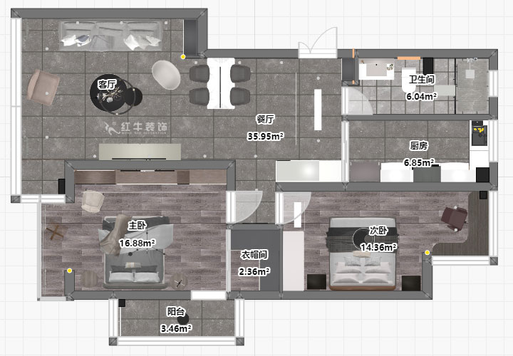 蔣?。霄沃腥A廣場11-601-110㎡-現代簡約風格｜2室2廳1衛(wèi)｜舊房裝修｜定制家￥140400｜全包15萬｜00_03平面彩圖