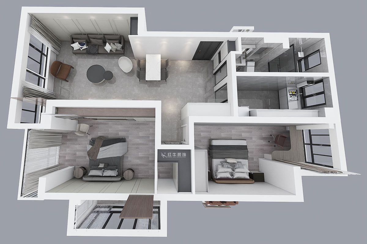 蔣?。霄沃腥A廣場11-601-110㎡-現代簡約風格｜2室2廳1衛(wèi)｜舊房裝修｜定制家￥140400｜全包15萬｜00_04鳥瞰圖