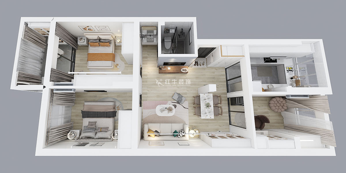 蔣?。娚缴角f24-303-90㎡-現(xiàn)代簡(jiǎn)約風(fēng)格｜3室1廳1衛(wèi)｜舊房裝修｜定制家￥120000｜全包13萬(wàn)｜00_04俯視圖