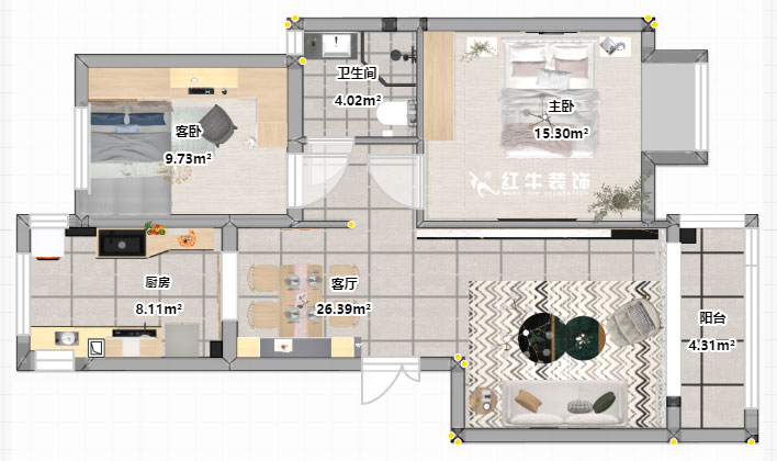 朱明琪｜遠(yuǎn)拓橡樹城12-3-505-85㎡-現(xiàn)代簡約風(fēng)格｜3室2廳1衛(wèi)｜新房裝修｜定制家￥120106｜全包12萬｜00_03平面彩圖