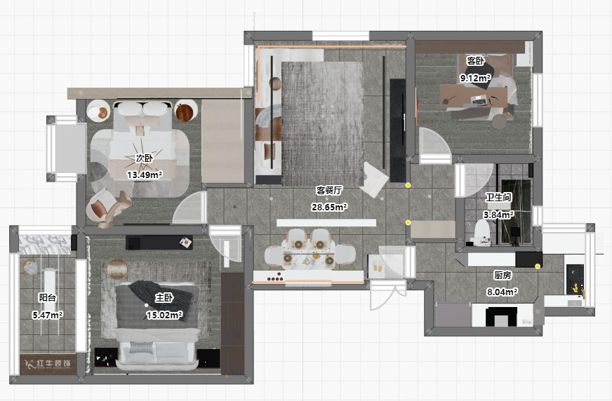 朱明琪｜亞都天元居9-1004-113㎡-現(xiàn)代簡約風(fēng)格｜3室1廳1衛(wèi)｜老房翻新｜定制家￥161800｜全包15萬｜00_04平面彩圖