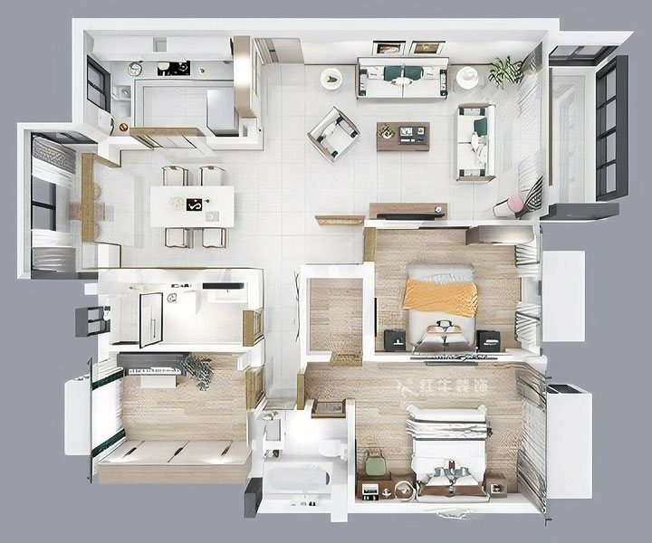 蔣琛｜香格里拉東苑6-302-130㎡-新中式風(fēng)格｜3室2廳2衛(wèi)｜舊房裝修｜定制家￥158973｜全包19萬｜00_04鳥瞰圖