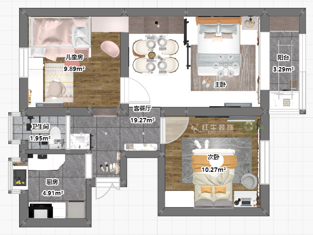 孟憲濤｜峨嵋?guī)X12號5-403-64㎡-現(xiàn)代簡約風(fēng)格｜3室1廳1衛(wèi)｜新房裝修｜定制家￥88600｜全包10萬｜00_03平面彩圖