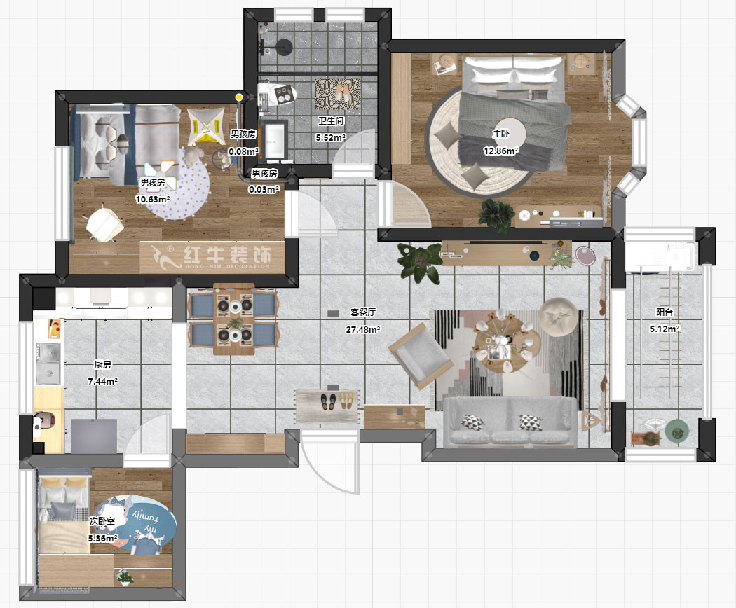 吳波｜御水灣花園61-401-90㎡-現(xiàn)代風(fēng)格｜2室2廳1衛(wèi)｜舊房裝修｜定制家￥102861｜全包11萬｜00_03平面彩圖