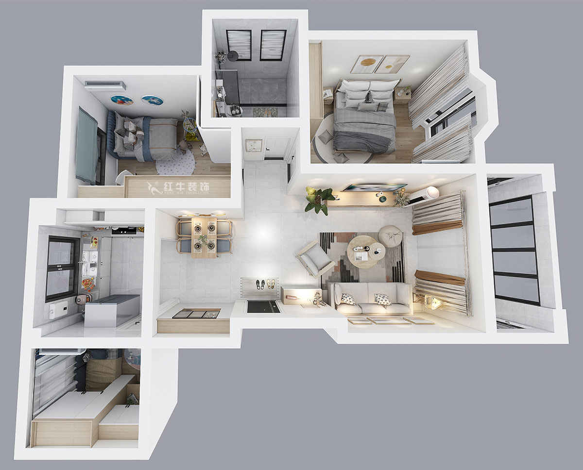 吳波｜御水灣花園61-401-90㎡-現(xiàn)代風(fēng)格｜2室2廳1衛(wèi)｜舊房裝修｜定制家￥102861｜全包11萬｜00_04鳥瞰圖