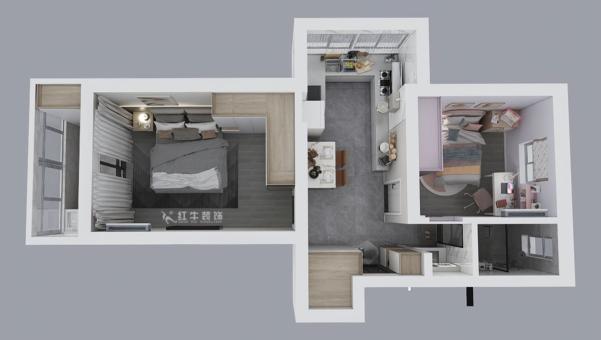 朱明琪｜廳后街寧中里2-3-606-57㎡-現(xiàn)代簡(jiǎn)約風(fēng)格｜2室2廳1衛(wèi)｜老房裝修｜定制家￥101015｜全包10萬(wàn)｜00_05鳥瞰圖