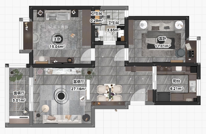 吳波｜亞東國際13-105-90㎡-現(xiàn)代風格｜2室2廳2衛(wèi)｜舊房裝修｜定制家￥114404｜全包12萬｜00_03平面彩圖