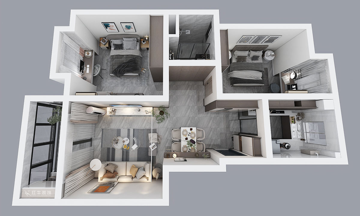 吳波｜亞東國際13-105-90㎡-現(xiàn)代風格｜2室2廳2衛(wèi)｜舊房裝修｜定制家￥114404｜全包12萬｜00_04鳥瞰圖