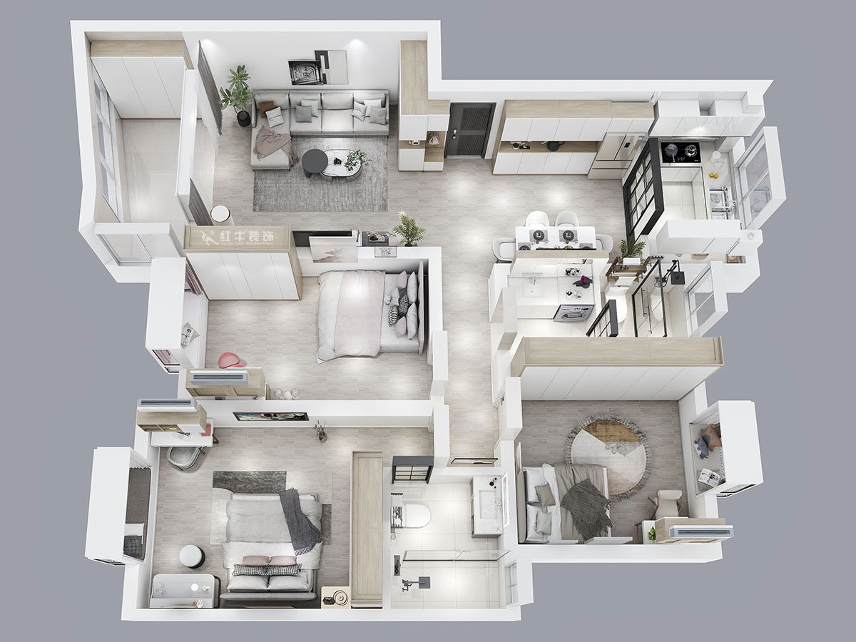 蔣?。鸶［?-405-110㎡-現(xiàn)代簡約風(fēng)格｜2室2廳2衛(wèi)｜新房裝修｜定制家｜全包15萬｜00_05鳥瞰圖
