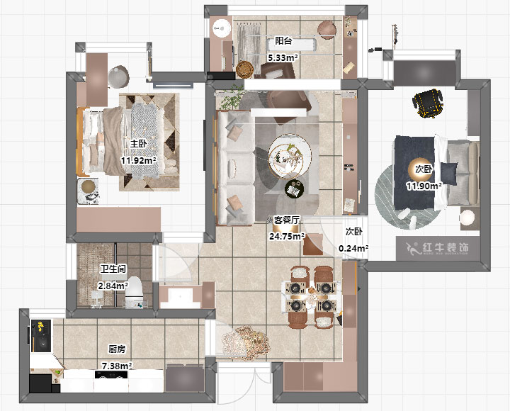 朱彥｜濱江雅園4-1703-88㎡-簡約風(fēng)格｜2室2廳1衛(wèi)｜新房裝修｜定制家￥112400｜全包12萬｜00_03平面彩圖