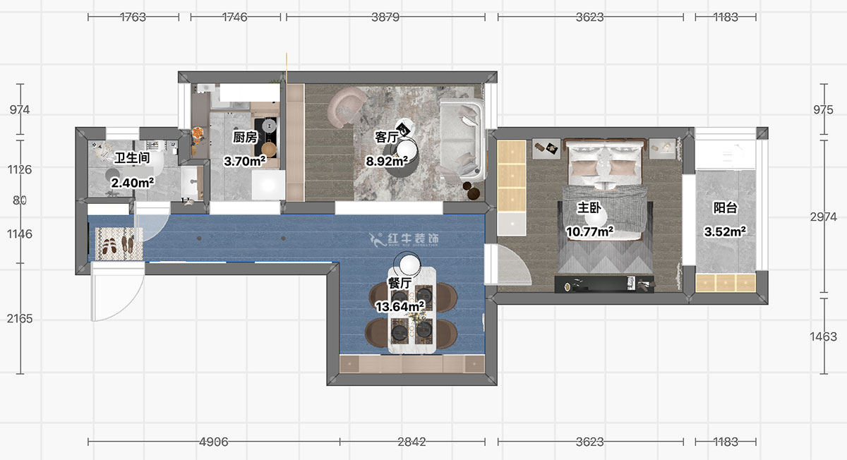 顧娟｜高樓門37-303-60㎡-現(xiàn)代風格｜1室2廳1衛(wèi)｜舊房裝修｜定制家￥90700｜全包11萬｜00_03平面彩圖